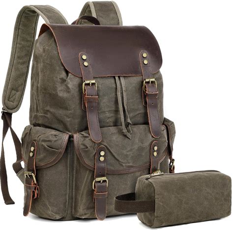 canvas laptop bag fake leather|Genuine Leather Canvas waxed Backpack Travel Rucksack Laptop Bag.